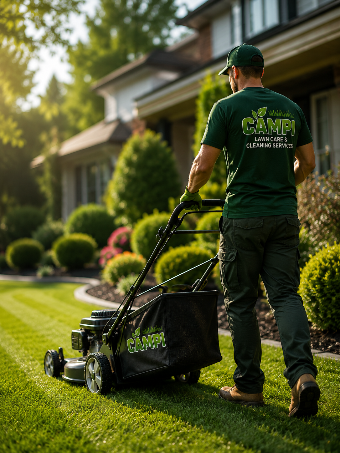 CAMPI Lawn Care technician mowing a lawn